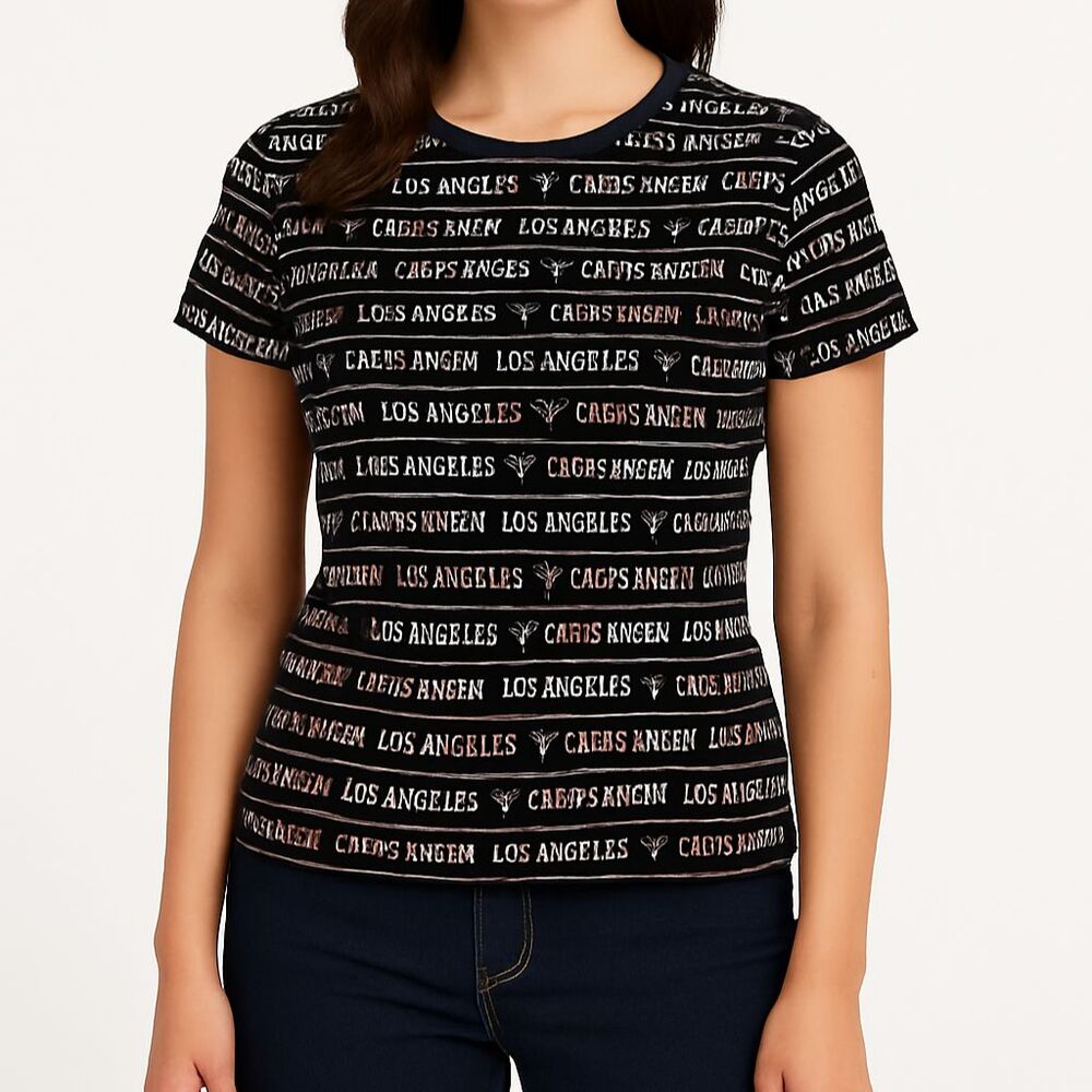 Guess Los Angeles Women’s T-Shirt Size S – Black Multi Logo‎ Print Short Sleeve